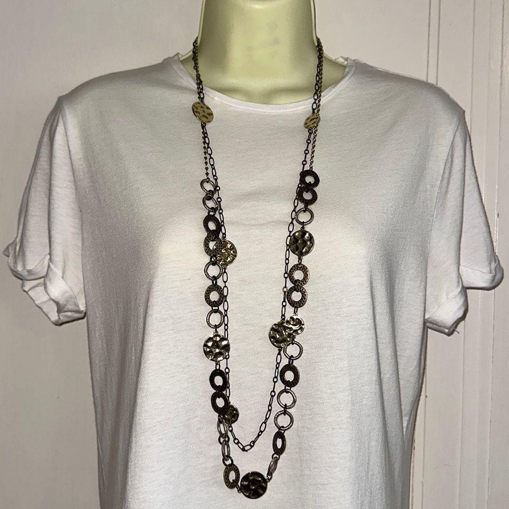 Chico’s long gold tone, bronze & silver double‎ strand necklace